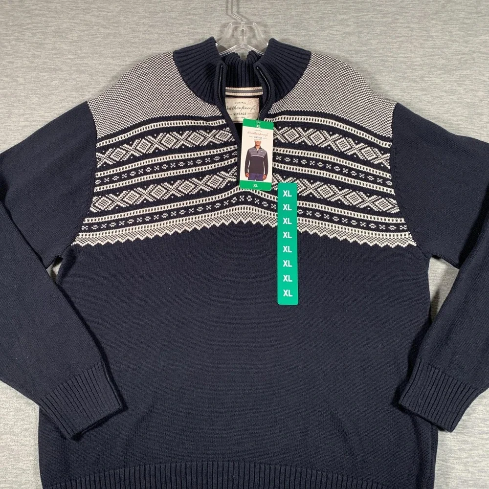 Weatherproof Vintage Sweater Mens XL Navy‎ Fair Isle 1/4 Zip Mock Neck Pullover